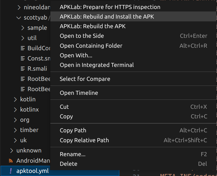 a visual of the apktool.yml file and selecting APKLab