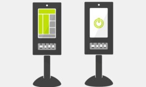 Two cartoon kiosk icons