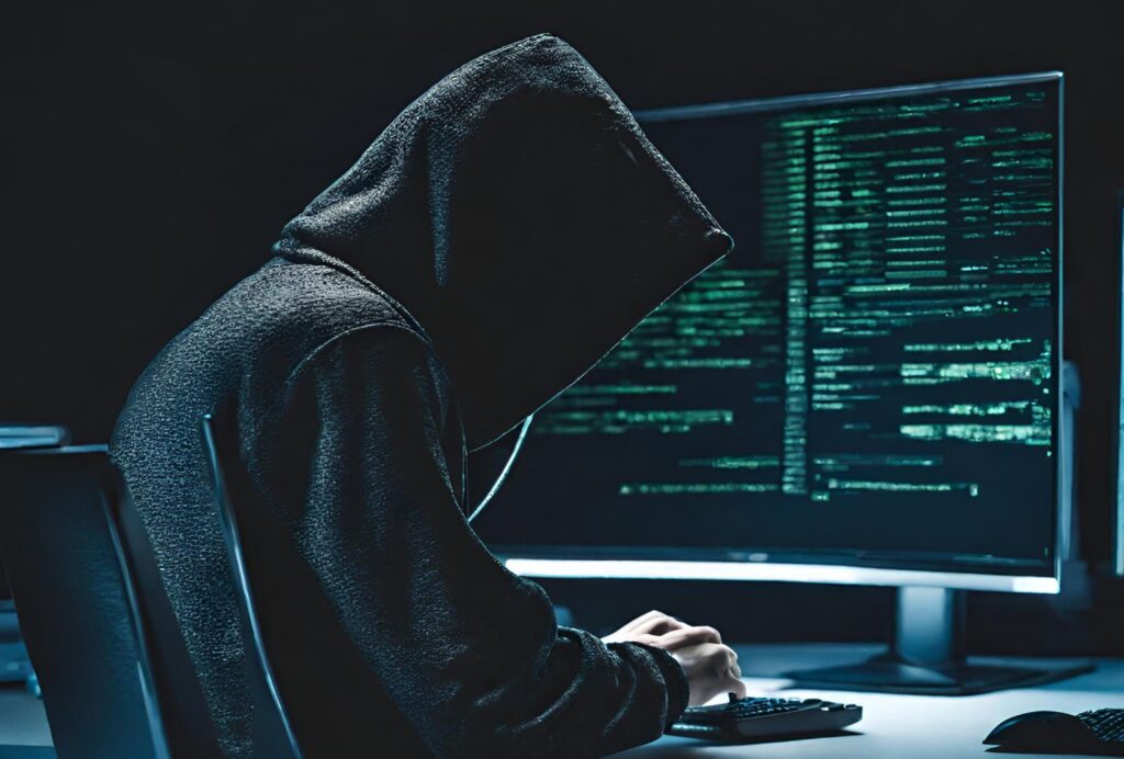 A hooded criminal creating a cyber threat