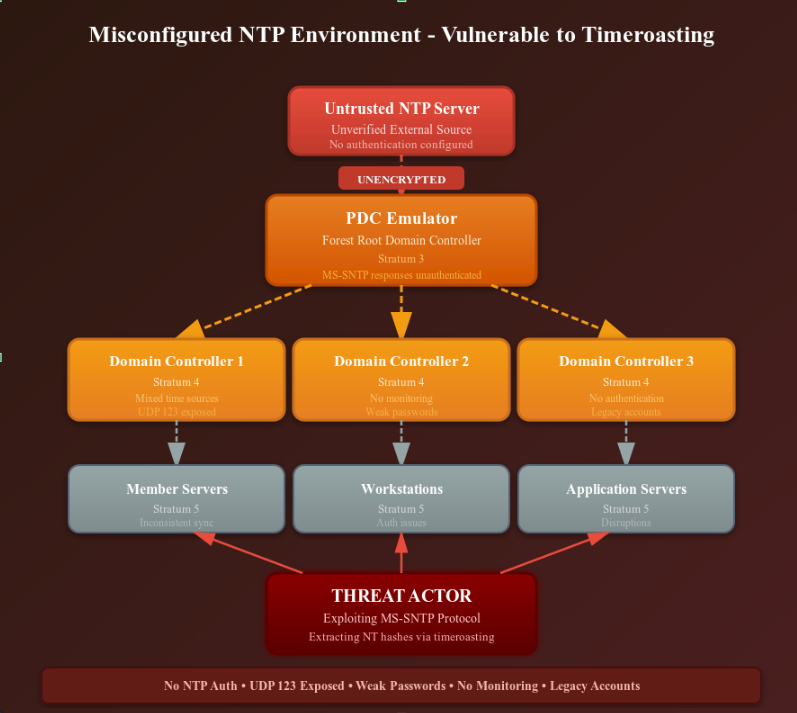 Timeroasting, vulnerable environment.
